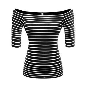 🌸3/$15🌸Black and White Off Shoulder Fitted Modal Tee woth Sleeve to Elbow sz L